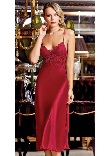 2874 Çeyizlik Ipek Saten Dantelli Ikili Uzun Gecelik Sabahlıklı Takım - Bordo fiyatları