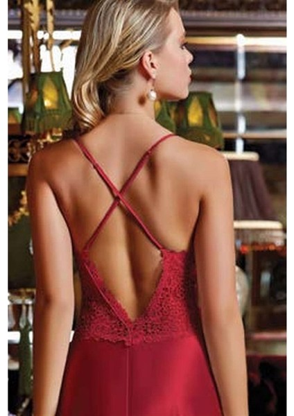 2874 Çeyizlik Ipek Saten Dantelli Ikili Uzun Gecelik Sabahlıklı Takım - Bordo modelleri