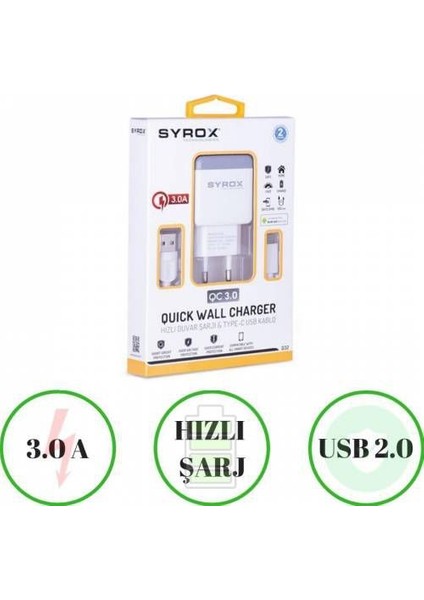 Google Pixel 3 Syrox Type-C Quıck Şarj Cihazı 3.0A Ultra Hızlı Q32