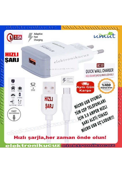 3.0A Micro USB Hızlı Şarj & Data Seti Quick Q30 (Adaptör+Kablo) Kutusunda.