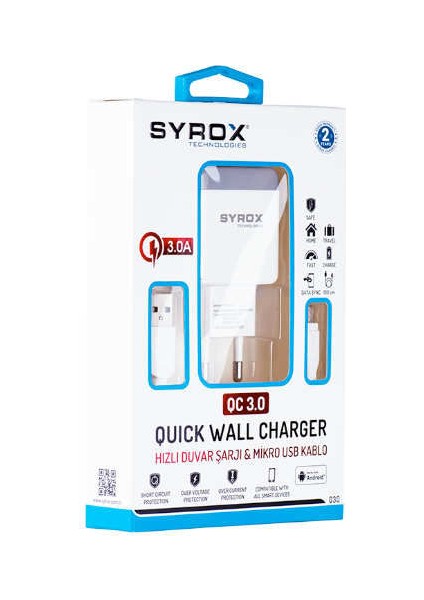 3.0A Micro USB Hızlı Şarj & Data Seti Quick Q30 (Adaptör+Kablo) Kutusunda.