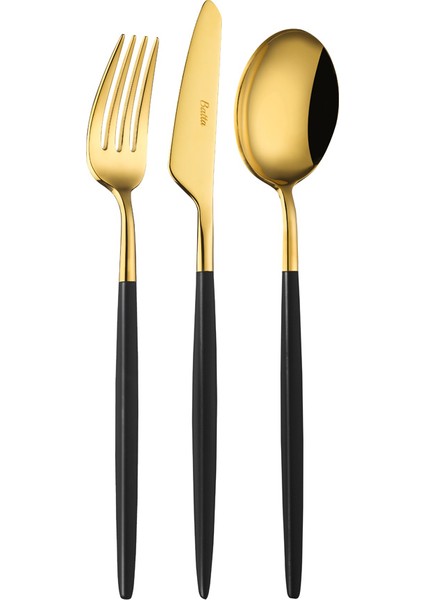 Washabi Serisi Siyah Gold 3 Parça 1 Kişilik Yemek Çatal Bıçak Kaşık Takımı