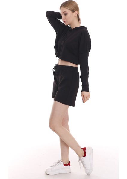 Kapüşonlu Bağcık Detaylı Crop Sweatshirt