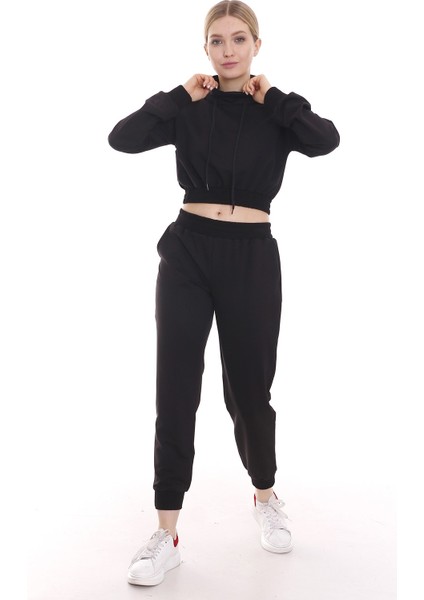 Kapüşonlu Uzun Kollu Balıkçı Yaka Belden Lastikli Önden Cepli Crop Eşofman Takımı