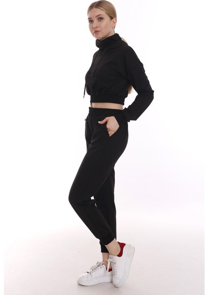 Kapüşonlu Uzun Kollu Balıkçı Yaka Belden Lastikli Önden Cepli Crop Eşofman Takımı fiyatları