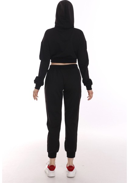 Kapüşonlu Uzun Kollu Balıkçı Yaka Belden Lastikli Önden Cepli Crop Eşofman Takımı modelleri