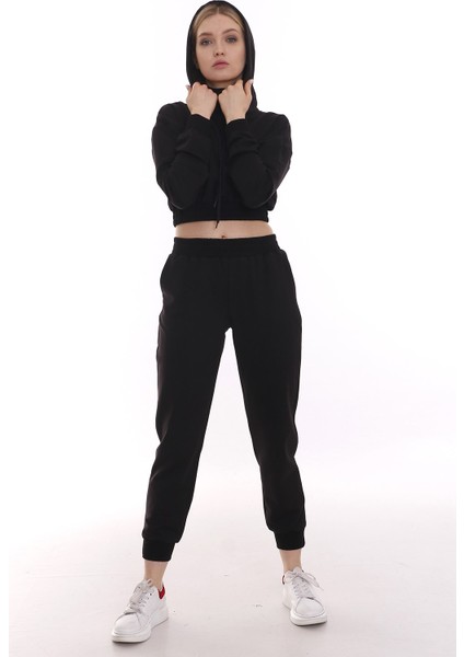 Kapüşonlu Uzun Kollu Balıkçı Yaka Belden Lastikli Önden Cepli Crop Eşofman Takımı fırsatları