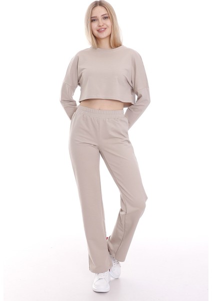Belden Lastikli Uzun Kollu Crop Eşofman Takım
