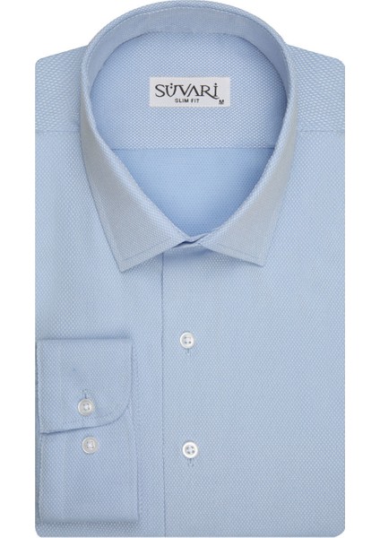 Slim Fit Armür Desenli Açık Mavi Erkek Gömlek
