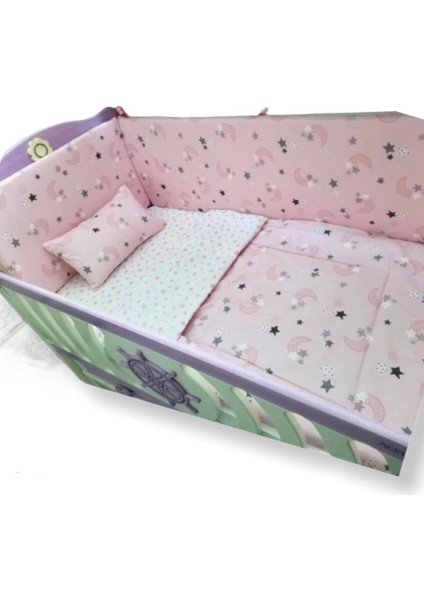 Bebek Çocuk 60 x 120 cm Uyku Seti Pembe Hilal Desenli/pembe Yıldızlı 7 Parça