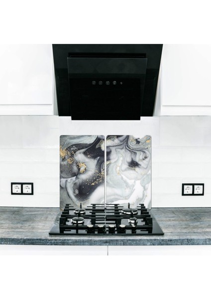 Dekoratif Cam Ocak Koruyucu ve Kesim Tablası Gri Altın Mermer 60 x 52 cm2 Parça 4'lü Ocaklar