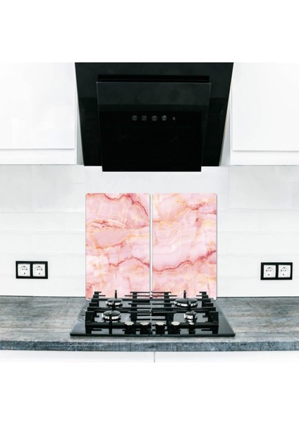 Dekoratif Cam Ocak Koruyucu ve Kesim Tablası Pembe Mermer 60 x 52 cm2 Parça 4'lü Ocaklar