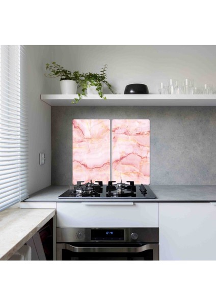 Dekoratif Cam Ocak Koruyucu ve Kesim Tablası Pembe Mermer 60 x 52 cm2 Parça 4'lü Ocaklar