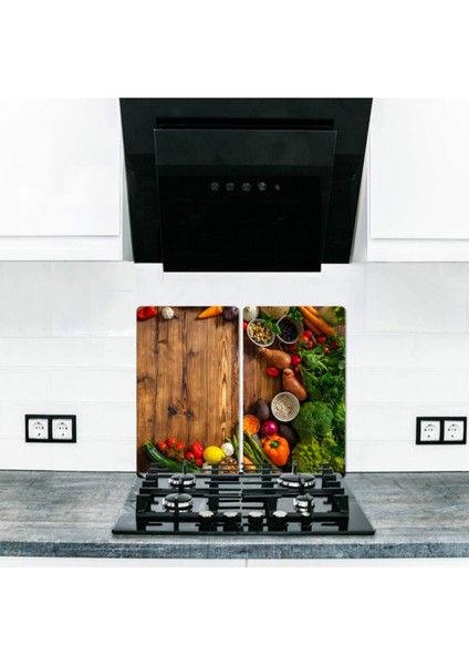 Dekoratif Cam Ocak Koruyucu ve Kesim Tablası Tahta ve Ahşap ve Sebzeler 60 x 52 cm2 Parça 4'lü Ocaklar