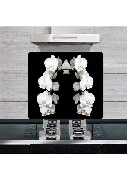 Dekoratif Cam Ocak Arkası Koruyucu ve Kesme Tahtası Beyaz Orkide 50 x 56 cm Tek Parça