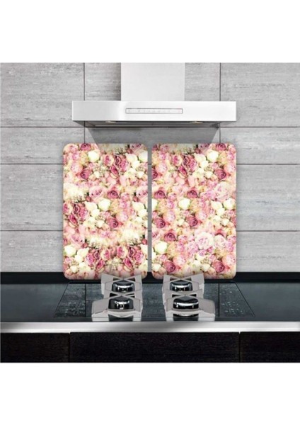 Cam Ocak Koruyucu ve Kesim Tablası Beyaz Açık Pembe Güller 80 x 52 cm 2 Parça 5'li Ocaklar