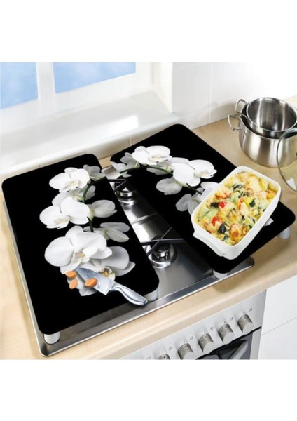 Cam Ocak Koruyucu ve Kesim Tablası Beyaz Orkide 80 x 52 cm 2 Parça 5'li Ocaklar modelleri