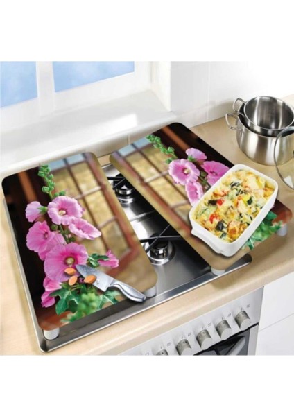 Cam Ocak Koruyucu ve Kesim Tablası Yeşil Pembe Çiçekler 60 x 52 cm2 Parça 4'lü Ocaklar