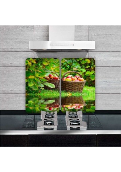 Cam Ocak Koruyucu ve Kesim Tablası Kırmızı Elma Sepeti 60 x 52 cm2 Parça 4'lü Ocaklar