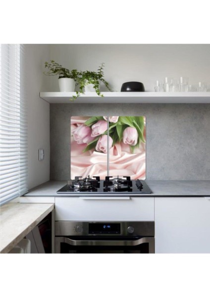 Dekoratif Cam Ocak Koruyucu ve Kesim Tahtası Pembe Güller 2 60 x 52 cm2 Parça 4'lü Ocaklar