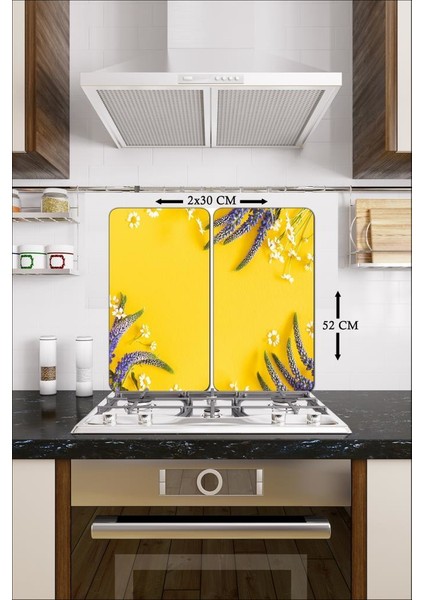 Dekoratif Cam Ocak Koruyucu ve Kesim Tablası Sarı Karanfil 60 x 52 cm2 Parça 4'lü Ocaklar