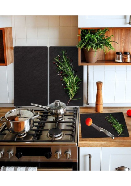 Takım Halinde Kekik 20 x 30 cm Kesme Tablası ve 60 x 52 cmCam Ocak Koruyucu 4'lü Ocaklar