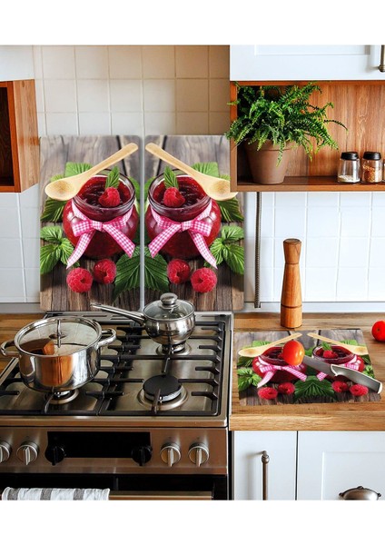 Takım Halinde Raspberry 20 x 30 cm Kesme Tablası ve 60 x 52 cmCam Ocak Koruyucu 4'lü Ocaklar