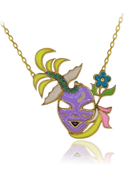 Yeşil Taşlı Renkli Mineli Çiçekli Maske Gümüş Kolye