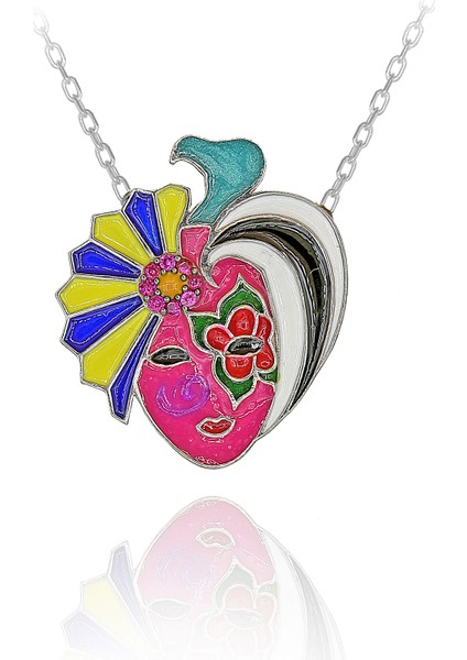 Fuşya Taşlı Renkli Mineli Gökkuşağı Maske Gümüş Kolye