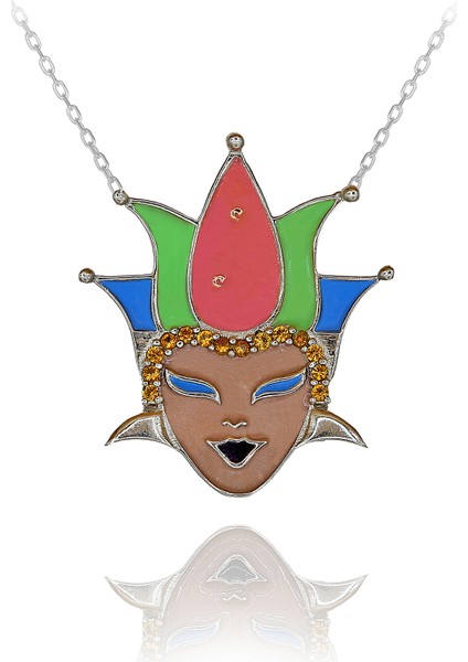 Sarı Taşlı Renkli Mineli Hokkabaz Maske Gümüş Kolye