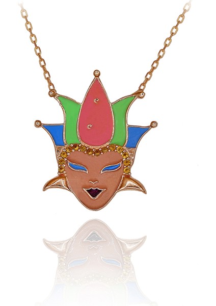 Sarı Taşlı Renkli Mineli Hokkabaz Maske Gümüş Kolye
