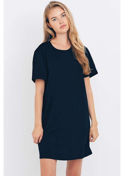 Lacivert Düz, Baskısız Kısa Kollu Penye T-Shirt Elbise