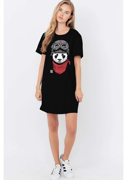 Siyah Bandanalı Panda Kısa Kollu Penye T-Shirt Elbise
