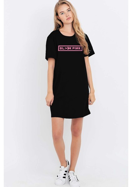 Siyah Blackpink Pac Kısa Kollu Penye T-Shirt Elbise