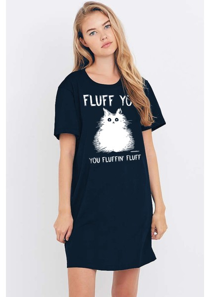 Lacivert Pofuduk Kısa Kollu Penye T-Shirt Elbise