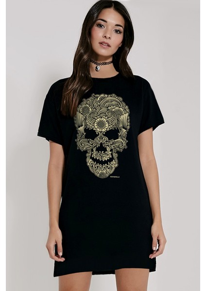 Siyah Dövme Kurukafa Kısa Kollu Penye T-Shirt Elbise