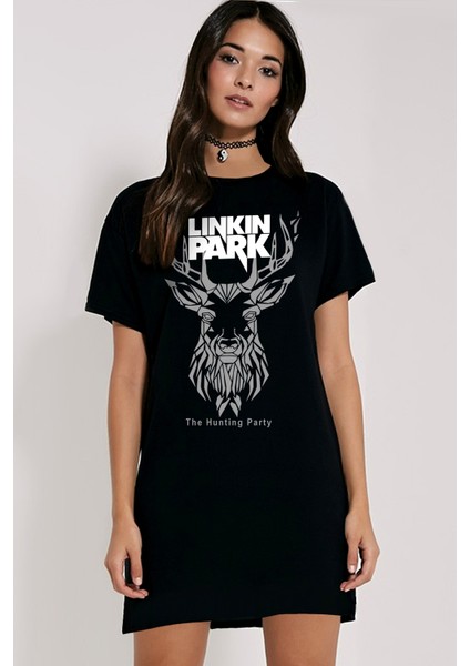 Siyah Geometrik Geyik Kısa Kollu Penye T-Shirt Elbise