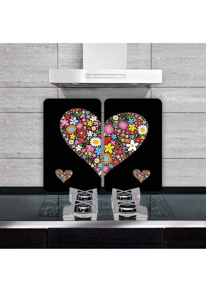 Cam Ocak Koruyucu ve Kesim Tablası Siyah Kalp (80 cm. x 52 cm.) 2 Parça, 5'li Ocaklar fiyatları