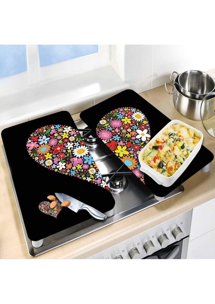 Cam Ocak Koruyucu ve Kesim Tablası Siyah Kalp (80 cm. x 52 cm.) 2 Parça, 5'li Ocaklar modelleri