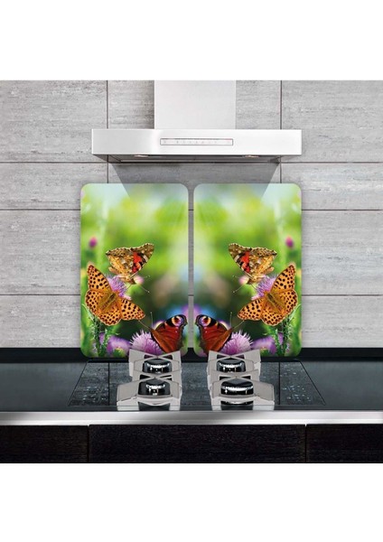 Cam Ocak Koruyucu ve Kesim Tablası Renkli Kelebekler (80 cm. x 52 cm.) 2 Parça, 5'li Ocaklar