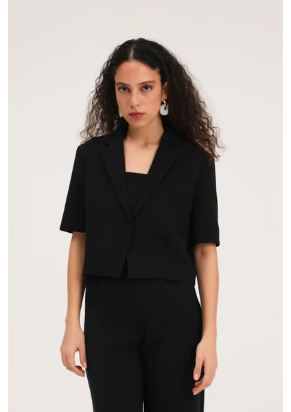 Kısa Kol Crop Blazer Ceket Siyah