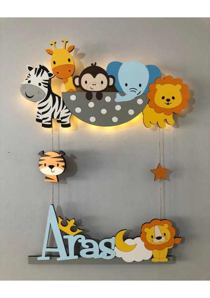 Işıklı Isme Özel Ahşap Bebek Odası Kapı Süsü - Safari Hayvanlar
