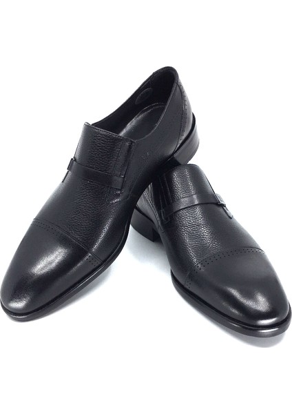 1123 Siyah Tokalı Lazer Kesim Delikli Bağcıksız Neolit Taban Klasik Günlük Erkek Ayakkabı