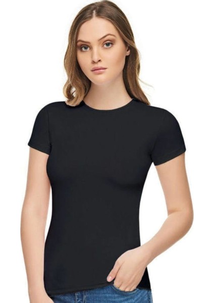 Kadın Siyah 2 Li Paket Elestan Pamuklu Likralı Kısa Kol Body Tekli Ambalaj 2202