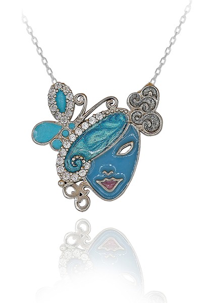 Beyaz Taşlı Renkli Mineli Kelebekli Maske Gümüş Kolye