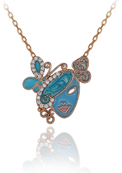 Beyaz Taşlı Renkli Mineli Kelebekli Maske Gümüş Kolye