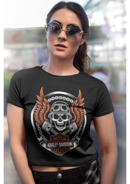 Motorcu Kurukafa Siyah Kısa, Kesik Crop Top Kadın Tişört