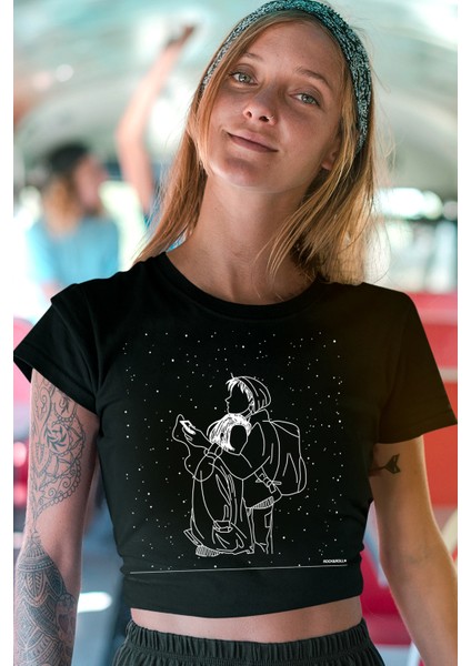Karlar Düşer Siyah Kısa, Kesik Crop Top Kadın Tişört