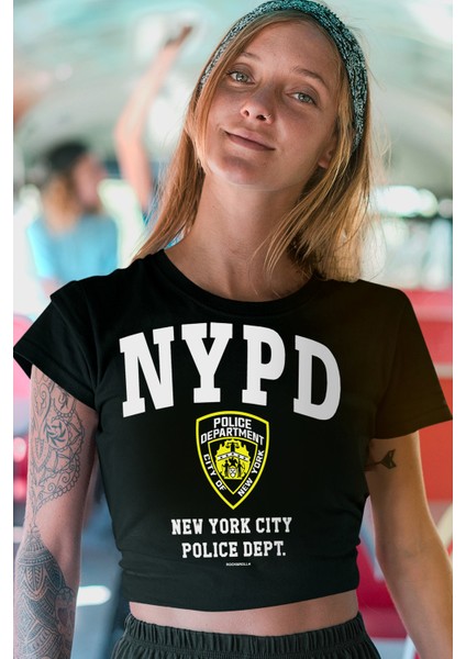 Nypd Siyah Kısa, Kesik Crop Top Kadın Tişört