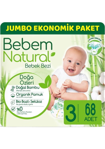 Bebem Bebek Bezi Natural Jumbo Ekonomik Pk Beden:3 (4-9kg) Midi 68 Li
